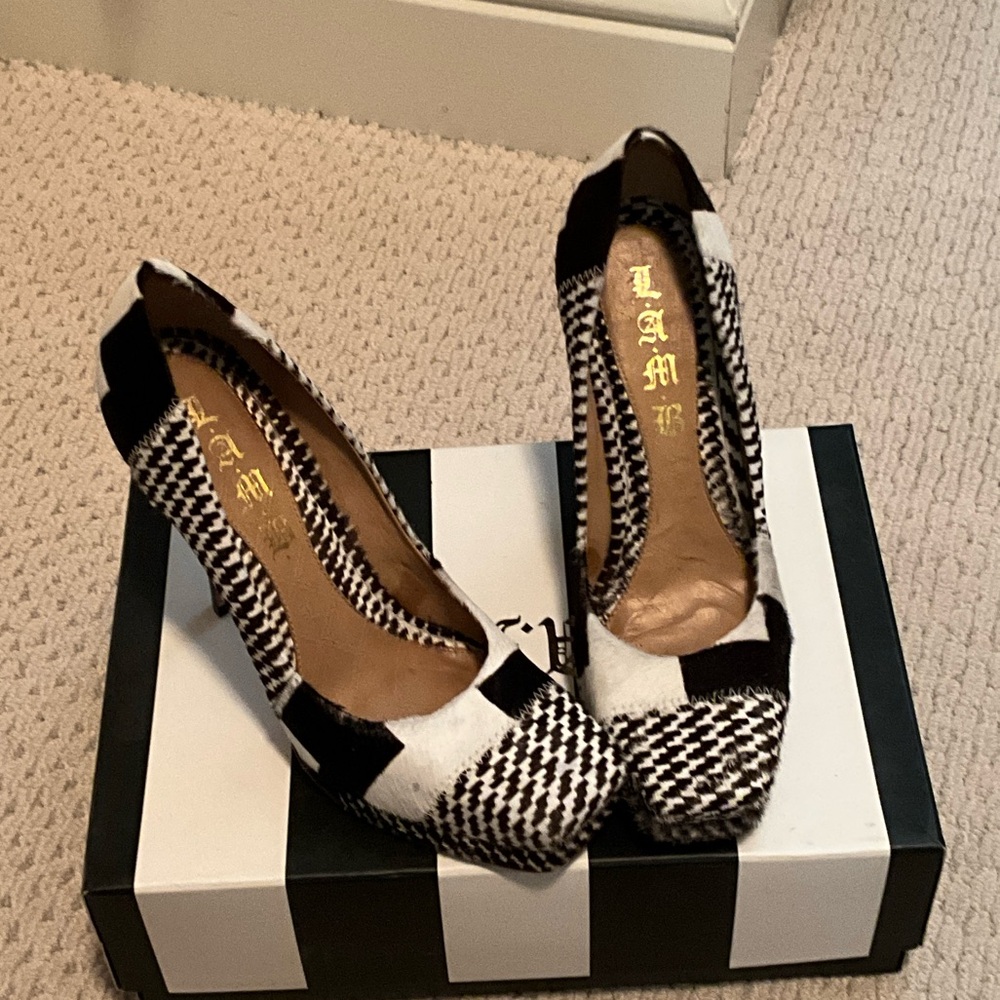 L.A.M.B. Black and White Patterned Heels